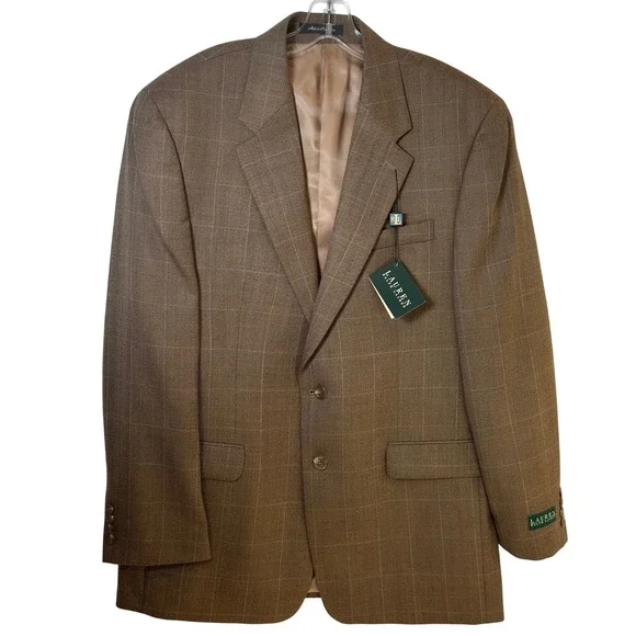 Lauren Ralph Lauren Mens Brown Herringbone Wool Windowpane Blazer Sport Coat 44L