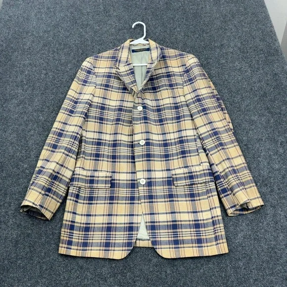 Vintage Brooks Brothers Sport Coat Mens 42R Tan Blue Plaid Silk Blend Blazer