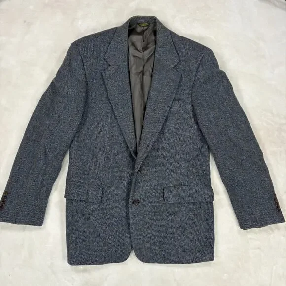 College Town Clothes Mens Wool Blazer Gray Herringbone Plaid Sport Coat Vintage