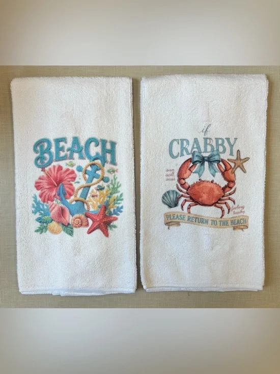 NEW White Beach-Themed Embroidered Hand Towels - Set of 2