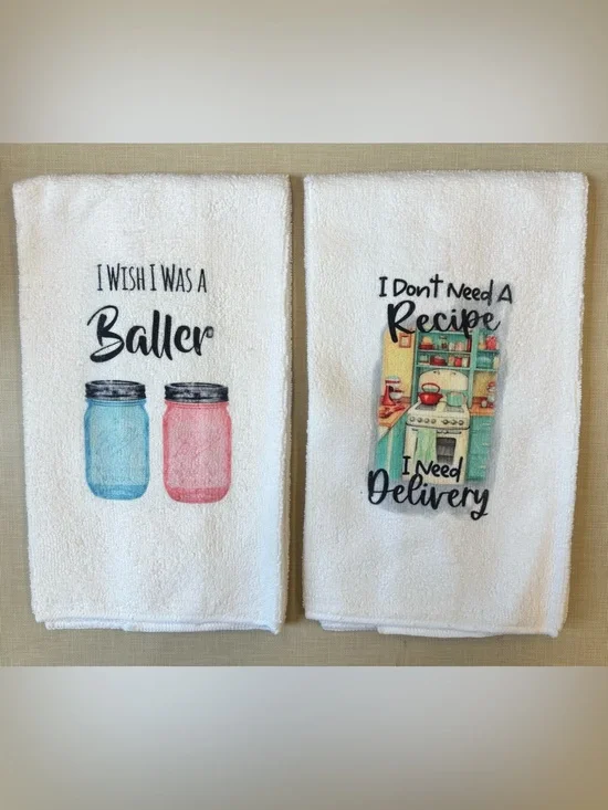 NEW White Kitchen Dish Towels w/ Blue & Pink Mason Jar & Recipe Delivery Prints
