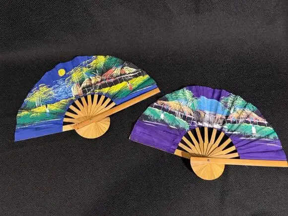 Vintage Thai Bamboo Folding Wall Fans Lot Of 2 Hand Painted Asian Decor