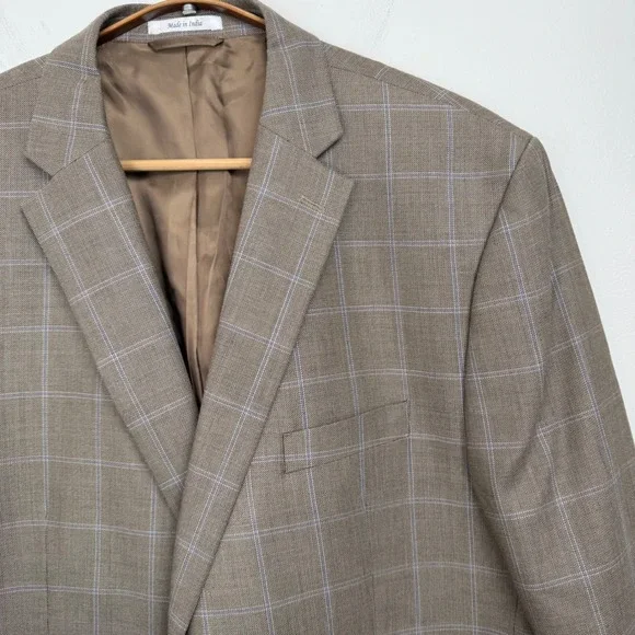 Lauren Ralph Lauren Mens 50R Silk Wool Windowpane Plaid Blazer Sport Coat Brown