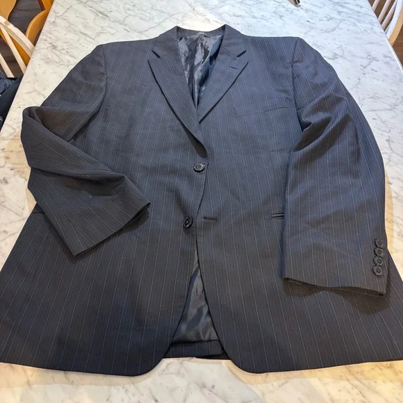 Haggar Mens 44R Pinstripe Suit Jacket Blazer Two Button Charcoal Navy 1001934‎