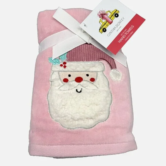 2 pc Cynthia Rowley Pink Santa Claus Hand Towel Set Embroidered Sherpa Christmas