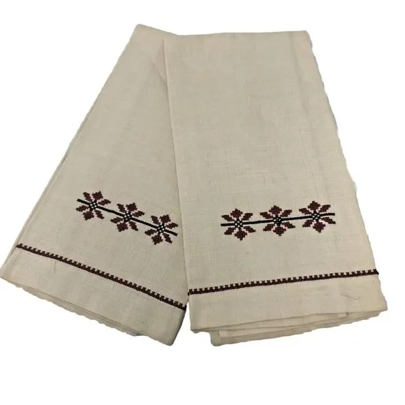 Cross Stitch Linen Fingertip Towels / Napkins Handmade Vintage NOS Set of 2