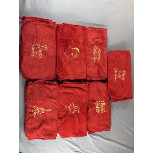 Lot of 12 Christmas Hand Towels‎ Red Gold Embroidered Santa Joy Noel Holiday