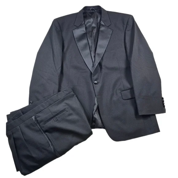 JoS A Bank Tuxedo Suit Men 46R 2 Piece Pants 42x31 Black 100% Wool Peak Lapel