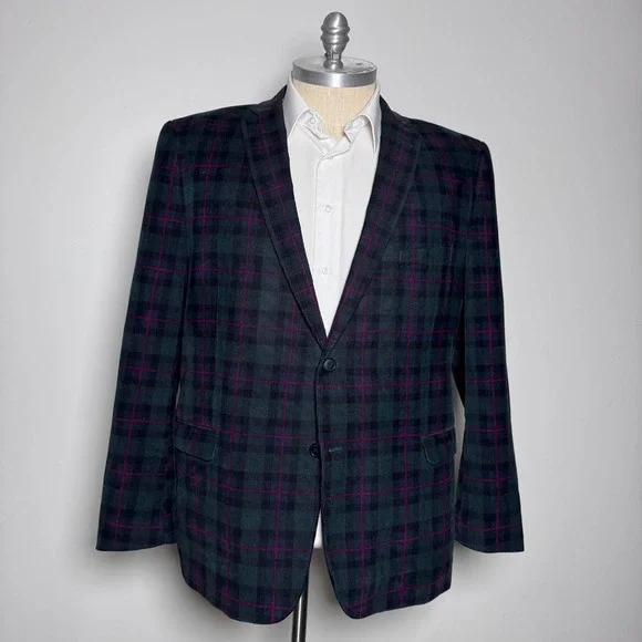 Madison Blazer Mens‎ 50 Green Burgundy Plaid Corduroy Modern Fit 2-Button Jacket