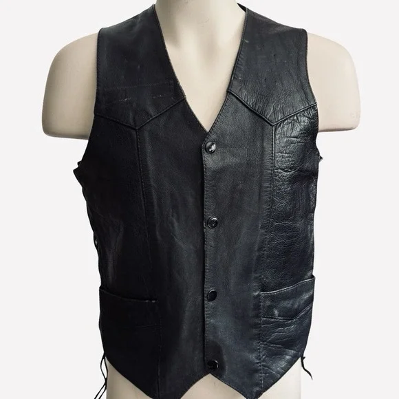 UNIK Leather Motorcycle Vest Men Sz 42 Snaps Lace-Up Sides Pockets Biker‎