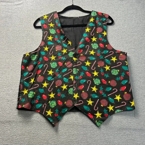 Vintage Handmade Christmas Holiday Vest Womens Large Black Quilted Button Front