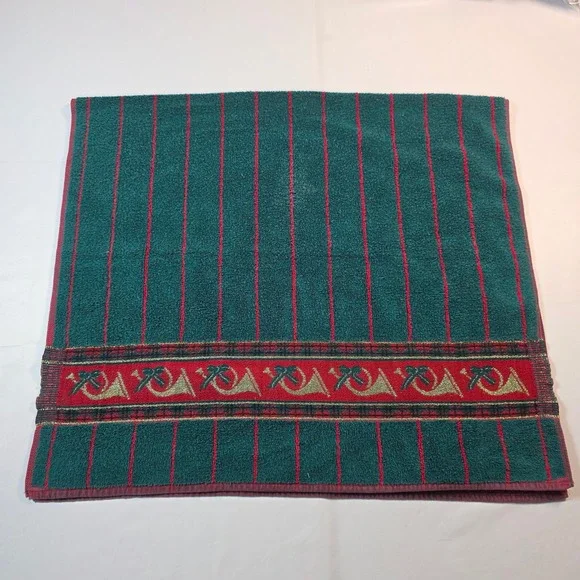 Vintage Fieldcrest Christmas Bath Towels Set 2 Green Red Gold French Horn Bows