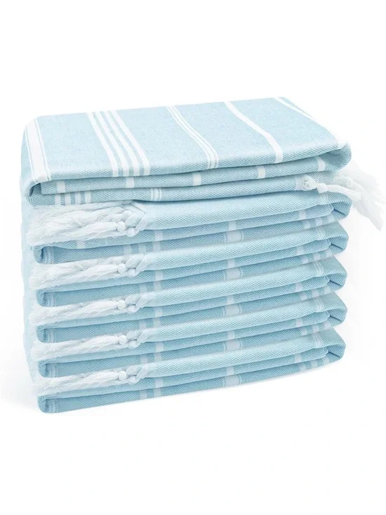 Light Blue Striped Turkish Cotton Hand Towels - Set of 6
