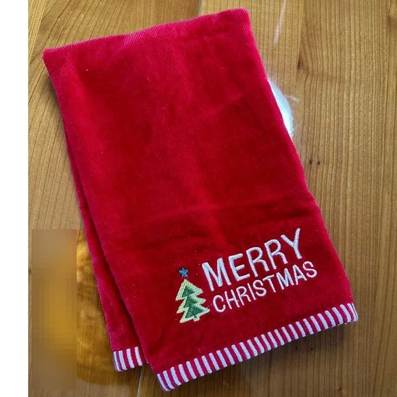 Merry Christmas Red Cotton Hand Towel Embroidered Tree Striped Trim RN 17730