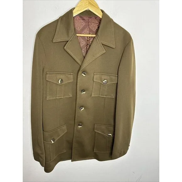 Vintage 1960s Military Dress Jacket Blazer‎ Men 44 Tall Khaki  Hippie