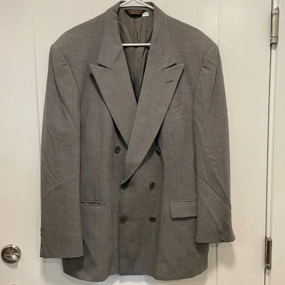 Racquet Club Men Grey Wool Double Breasted Blazer Jacket Peak Lapel 44R USA Made