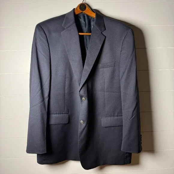 Austin Reed Mens Dillards Blue Worsted Wool Blazer Jacket 48R Gold Buttons