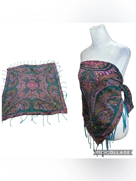 Vintage Multicolor Tassel End Square‎ Scarf Blue, Green and Pink