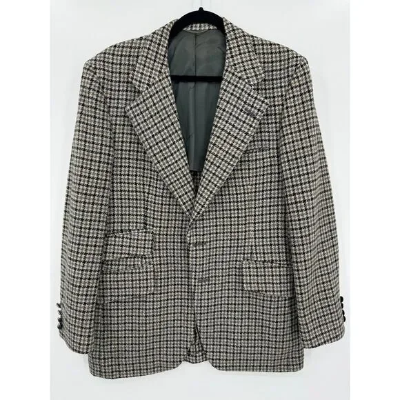 MICHAEL NOVARESE Vintage Beige Black Houndstooth 100% Wool Blazer Size 42R