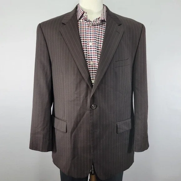 Chaps Men's Sport Coat Blazer Two Button Brown Pinstriped Wool Size‎ 46R