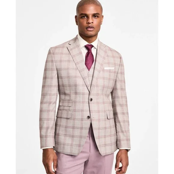 Tayion Collection Regular-Fit Suit Jacket Men's 46R Tan Check Long Sleeve