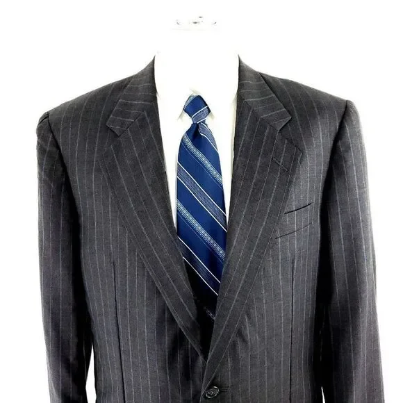 Hickey Freeman Loro Piana Super 120s Wool 2 Button Suit Jacket 40R‎ Gray Striped
