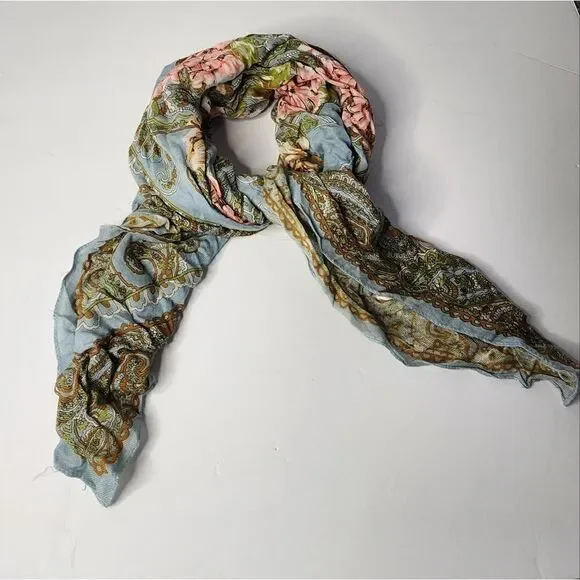 Vintage Scarf Black Pink Blue Floral  Square Fringed 100% Rayon Made In Italy