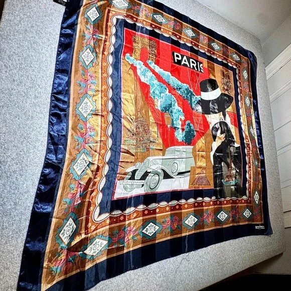J Mico Sancho Burnout Art Deco Scarf Paris Landmarks Navy Blue‎ Red Retro Chic