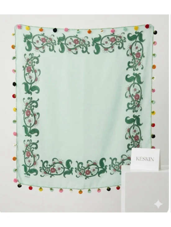 Keskin Light Green Floral Square Scarf with Flower Trim