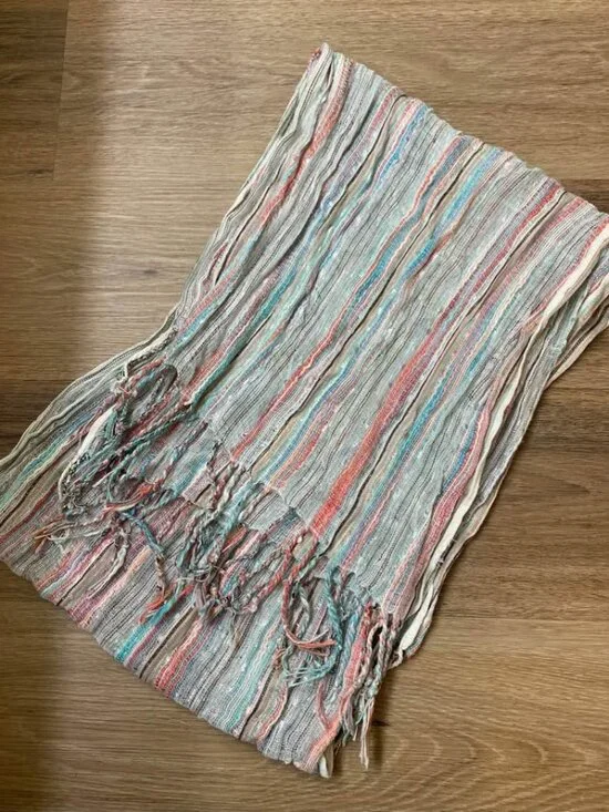 Pastel Multicolor Fringe Scarf with Silver & Gold Metallic Tinsel Accents – 72”