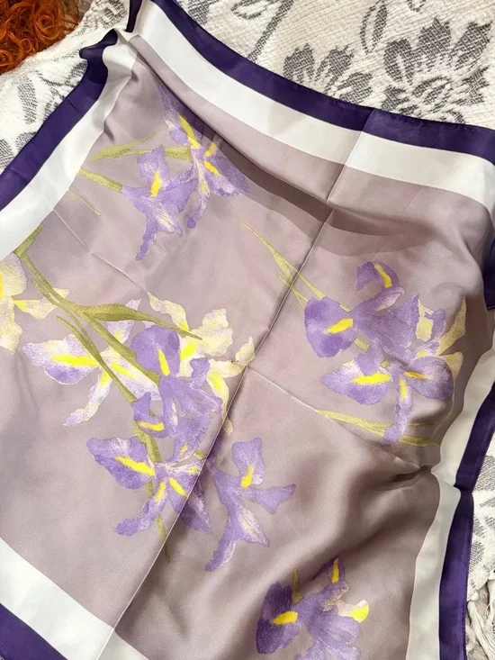 New Lavender Floral Silk Scarf with Purple Border