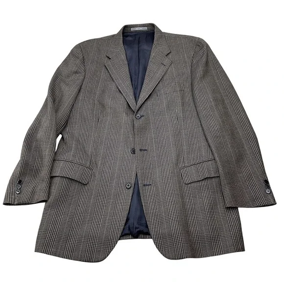 Talbots Blazer Men 44L Black Blue Tan Tweed Houndstooth Plaid Sport Jacket Italy
