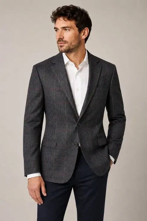Indochino Made For You 100% Wool Windowpane Blazer Sport Coat Gray 2 Button