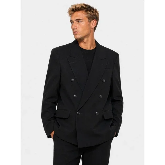 Luka Barryen Paris Double Breasted Blazer Black Peak Lapel Suit Jacket 50 NWT