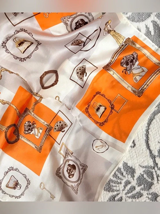 New 100% silk Framed Motif Silk Scarf in Cream, Brown & Coral Accent