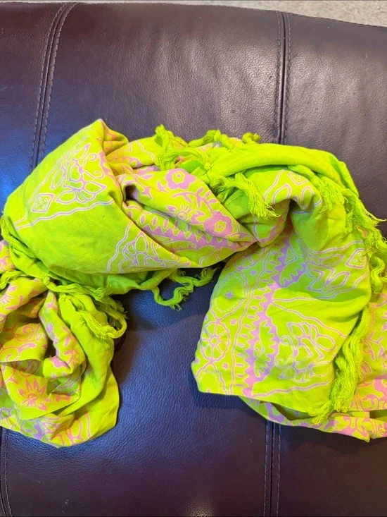 World market Sarong in pink and light chartreuse  with long tassels at ends