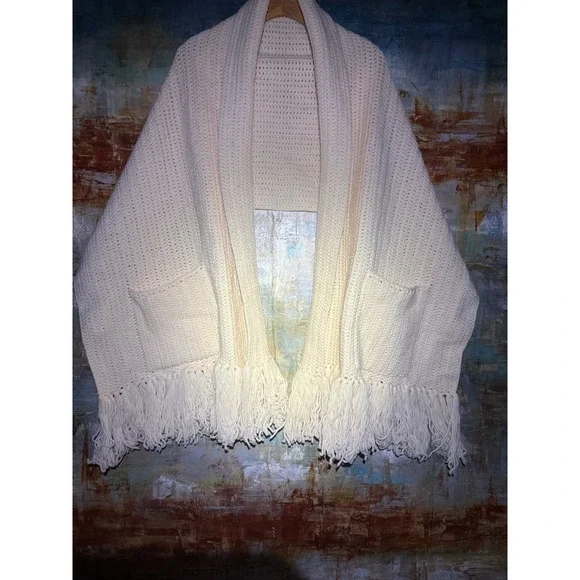 Handmade Crochet Pocket Shawl Wrap Cream Off White Fringe Boho One Size