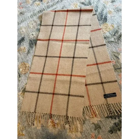 100% Cashmere Plaid Fringe Trim Handcraft Inc Western Germany Scarf