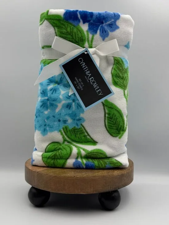 Cynthia Rowley Hydrangea Hand Towels Set of 2 Blue Floral Green White 16x30 NWT