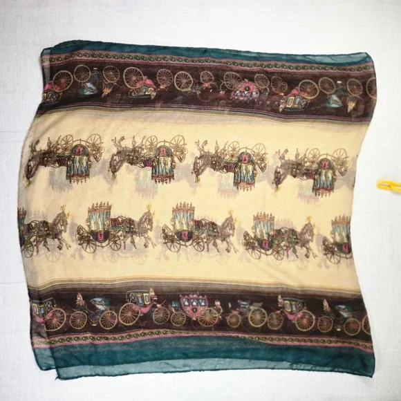 VTG Horse Carriage Scarf Wrap Brown Teal Tan Womens Shawl Sheer Square Print 60