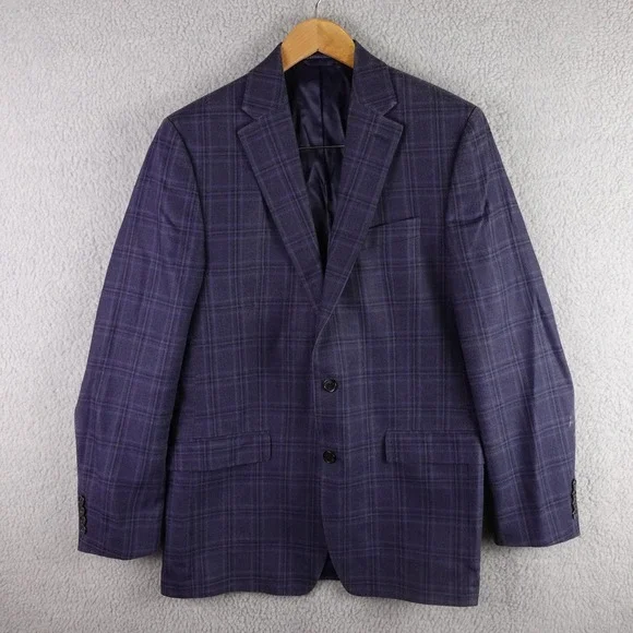 Lauren‎ Ralph Lauren Mens 40L Silk Wool Plaid Blazer Sport Coat Blue 2 Button