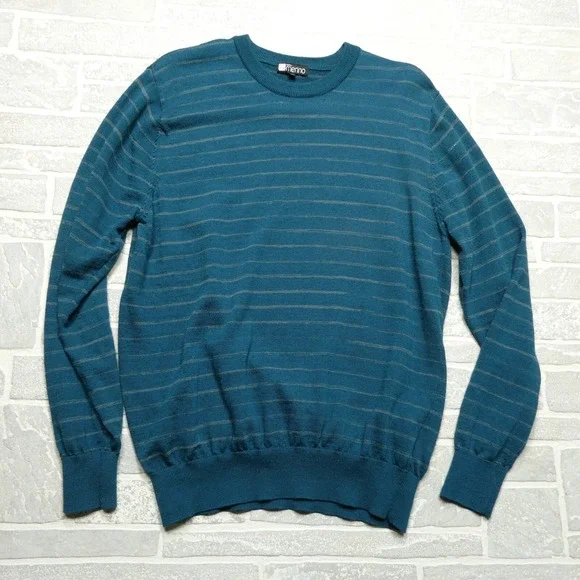 Purely Merino Australian Wool Sweater‎ Mens XL Green Striped Midweight Crewneck