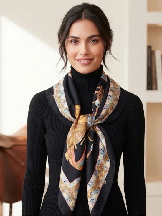 Vintage Italian 100% Silk Equestrian Print Scarf – Black & Gold