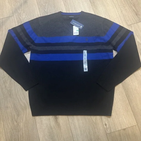 U.S. Polo Assn. Men's Long Sleeve Stripe V Neck Sweater‎ Black Blue Size Large