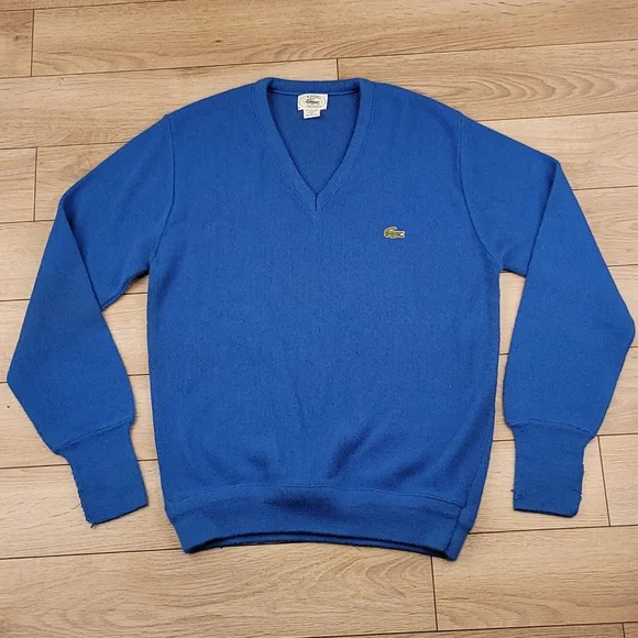 LACOSTE‎ Gator Blue Weave Orlon Acrylic V Neck Medium Mens Sweater VTG USA