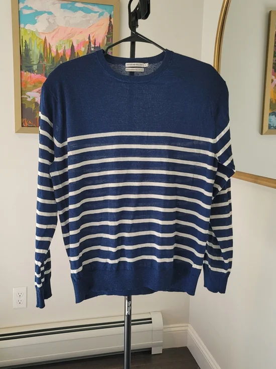 PETER MILLAR Crown Cool Crewneck Wool Linen Blend Blue Stripe Nautical Size XL