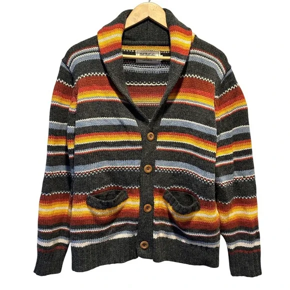 Vintage AntiBallistic Cardigan Sweater Men Large Striped Chunky Knit Grandpacore