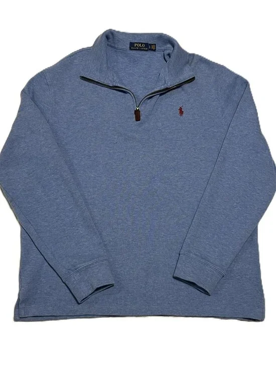 Preppy Old Money Polo Ralph Lauren Estate Rib 1/4 Zip Sweater Blue Men's Large