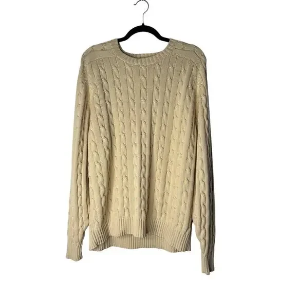 Lands End Men's‎ Sweater Beige Large 42/44 Cable Knit Fisherman Long Sleeve