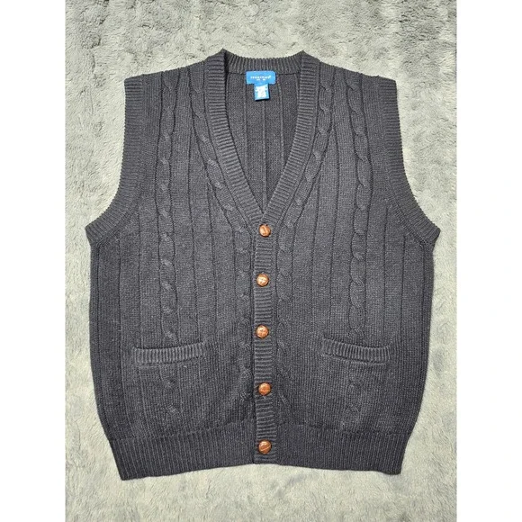 Towncraft Mens XL Cable Knit Button Front Cardigan Vest Charcoal Grey Pockets